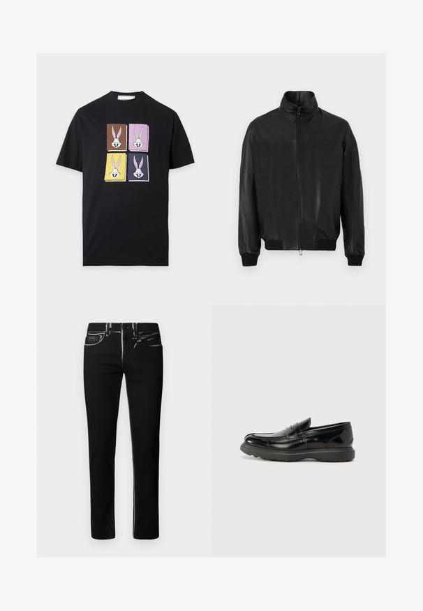 Sort læderjakke med høj krave, lynlås foran og ribstrikkede manchetter. Blank tekstur og minimalistisk design.; Sort T-shirt med fire farverige firkanter, hver med Bugs Bunnys smilende ansigt på brun, pink, gul og mørkeblå baggrund.; Sort jeans med lige ben, kontrasterende hvid syning, to forlommer og et mærket skilt på den bageste talje.; Sort læderloafer med en blank finish, rund tå, subtile syninger og en tyk gummisål for holdbarhed.