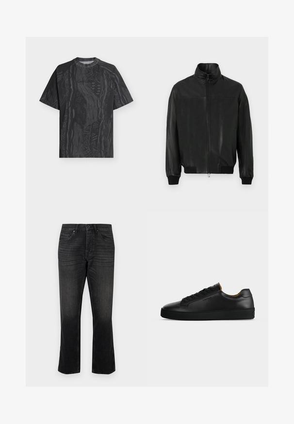 Veste en cuir noire avec un col haut, fermeture éclair frontale et poignets côtelés. Texture brillante et design minimaliste.; T-shirt noir à manches courtes avec col rond, motif abstrait gris foncé subtil et tissu texturé, présenté à plat sur un fond clair.; Jean en denim noir avec une coupe droite, comportant des poches avant et une fermeture à bouton. Décoloration subtile et détail de tissu texturé.; Basket basse en cuir noir avec lacets noirs, semelle en caoutchouc texturée et petit logo embossé sur le côté, présenté de profil sur fond gris.