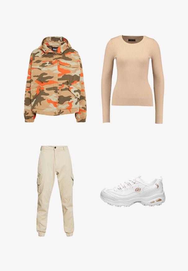 Chaqueta de camuflaje con capucha. Hecha de algodón, con patrones en naranja, marrón y beige, dos bolsillos frontales y puños elásticos.; Suéter de manga larga de canalé en beige claro, hecho de una tela elástica. Cuenta con un escote redondo y una silueta ajustada con puños acanalados.; Pantalones cargo beige con un corte clásico, que cuentan con dos bolsillos laterales, puños elásticos y una suave tela de algodón con una textura lisa.; Zapatilla deportiva blanca hecha de material sintético suave. Presenta detalles texturizados, adornos metálicos dorados, diseño con cordones y una suela acolchada.