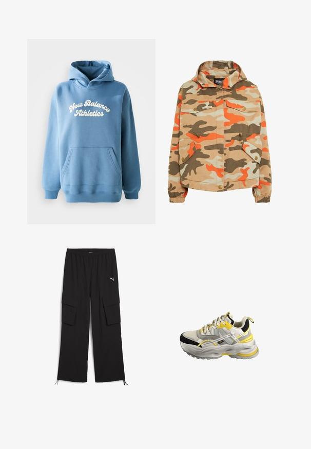 Camo-jack met een capuchon. Gemaakt van katoen, met oranje, bruin en beige patronen, twee voorzakken en elastische manchetten.; Blauwe hoodie van een katoenmix, met een kangoeroezak en een wit "New Balance Athletics" logo op de voorkant.; Zwarte cargobroek met een wijd design, elastische tailleband, twee zijzakken en trekkoord bij de pijpen. Bevat een klein wit logo.; Witte en zwarte chunky sneaker met gele accenten, bovenwerk van textuurstof, dikke zool en logodetails aan de zijkant en op de tong.