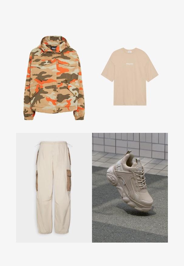 Camo jakke med hætte. Fremstillet af bomuld, med orange, brun og beige mønstre, to frontlommer og elastiske manchetter.; Beige bomulds t-shirt med rund hals og korte ærmer. Foran er der trykt "PACIFIC COAST California" i hvid tekst.; BDG Urban Outfitters CONTRAST - Cargobukser - beige; Beige atletisk sko med overdel i mesh og syntetisk materiale, polstret krave og kraftig sål med strukturerede detaljer. Branding synlig på siden.