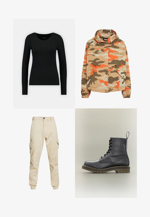 Camo-jack met een capuchon. Gemaakt van katoen, met oranje, bruin en beige patronen, twee voorzakken en elastische manchetten.; Zwarte longsleeve shirt van ribstof. Heeft een ronde halslijn en een getailleerde pasvorm. Eenvoudig ontwerp zonder patronen of accenten.; Beige cargobroek met een klassieke pasvorm, voorzien van twee zijzakken, elastische boorden en een zachte katoenstof met een gladde textuur.; Zwarte leren combatlaars met 8 veteroogjes, rubberen zool, gele stiksels en een trekkoordje aan de achterkant. Heeft een gestructureerd bovenwerk.