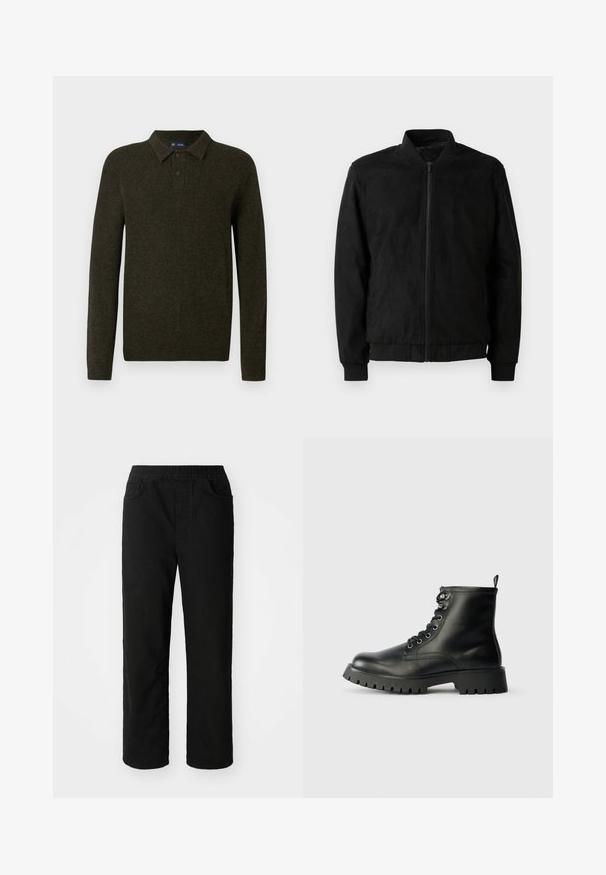 Chaqueta bomber negra con cierre de cremallera, cuello y puños acanalados, y textura suave. Fabricada con un material duradero y suave.; Suéter polo de manga larga verde con un acabado texturizado, tapeta de dos botones y puños acanalados. Diseño simple y clásico adecuado para uso informal.; Pantalones de algodón negros con un ajuste relajado, cinturilla elástica, dos bolsillos delanteros y piernas rectas. Textura suave sin patrones visibles.; Botas de cuero negro hasta el tobillo con punta redonda, seis ojetes para cordones y una suela gruesa y texturizada con profundasranuras.