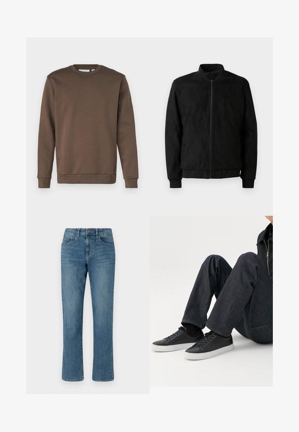 Zwarte bomberjack met ritssluiting, ribbelkraag en -manchetten, en een gladde textuur. Gemaakt van een duurzame, zachte stof.; Only & Sons ONSCERES CREW NECK - Sweater - major brown; Lichtblauwe denim jeans met een rechte pijpdesign, een standaard tailleband en zichtbare stiksels. Beschikt over vijf zakken en een ritssluiting.; Persoon zittend met gebogen benen, draagt donkerblauwe spijkerbroek en zwarte lage sneakers met witte zolen op een witte achtergrond.