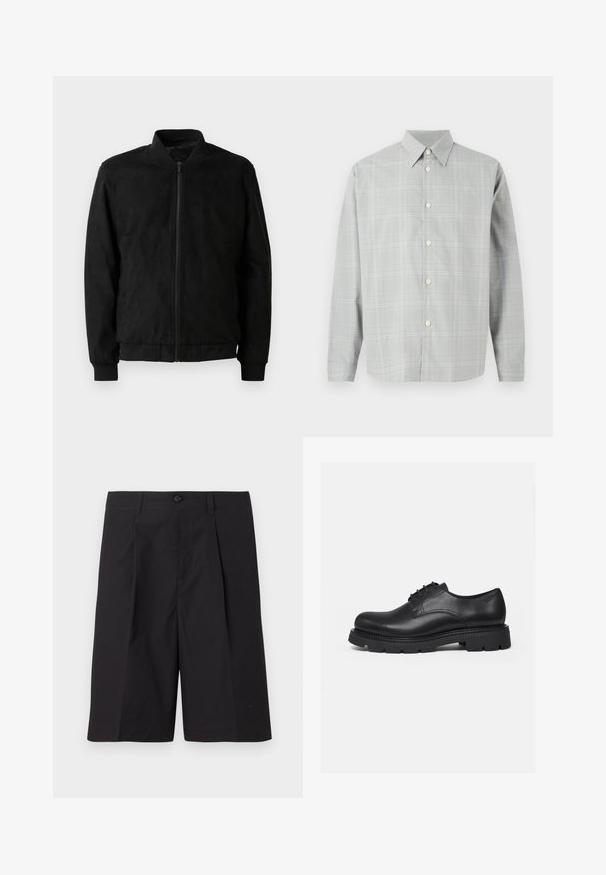 Chaqueta bomber negra con cierre de cremallera, cuello y puños acanalados, y textura suave. Fabricada con un material duradero y suave.; Camisa de manga larga gris con un ligero patrón de cuadros, diseño con botones en la parte delantera, cuello de punta y textura de tela suave.; Pantalones cortos negros a medida, hechos de una tela ligera, con pliegues, cierre de botón y dobladillo recto. Textura suave y sin patrones visibles.; Zapato negro de cuero con cordones, suela gruesa con tacos, puntera redondeada y detalles cosidos, mostrado de perfil sobre un fondo liso.