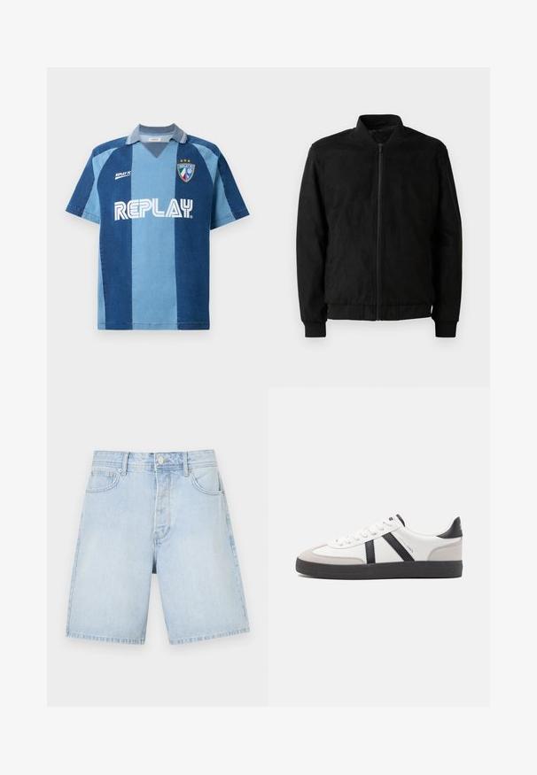 Chaqueta bomber negra con cierre de cremallera, cuello y puños acanalados, y textura suave. Fabricada con un material duradero y suave.; Jersey inspirado en denim con manga corta, que presenta un diseño de rayas en azul oscuro y azul claro, cuello en V y el logotipo "REPLAY" destacado.; Pantalones cortos de denim azul claro con corte recto, que cuentan con bolsillos delanteros, cierre de botón y costuras informales. Textura suave sin patrones.; Zapatilla blanca con acentos en negro y gris, que presenta una puntera texturizada en gris, suela de goma negra y cordones planos blancos. Diseño limpio, estilo minimalista.