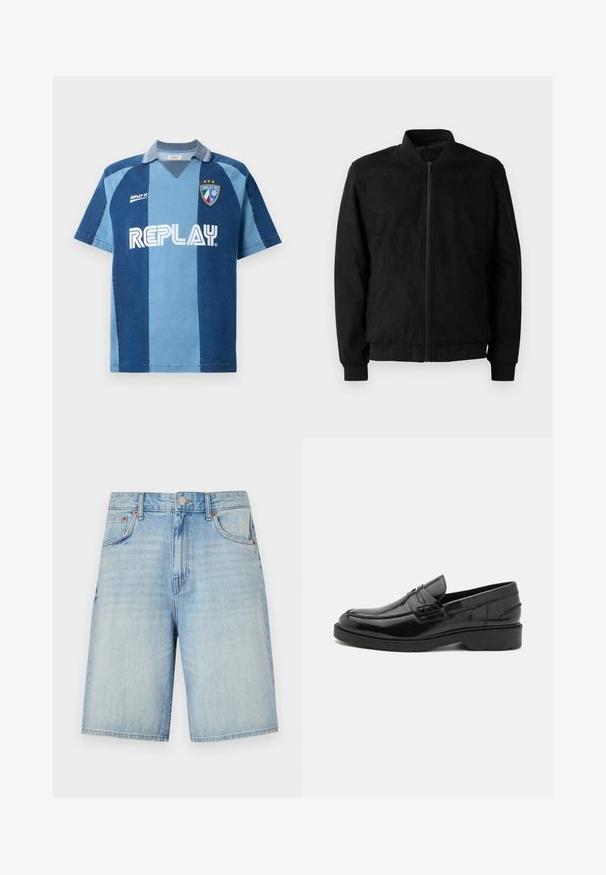 Mustast bomber-stiilis jakk, millel on tõmblukk, soonikkrae ja -mansetid ning sile tekstuur. Valmistatud vastupidavast ja pehmest materjalist.; Denim-stiilis trikotaaž lühikeste varrukatega, tumeda ja helesinise riba kujundusega, V-kaelusega ja silmatorkava "REPLAY" logoga.; Heledad sinised teksapüksid sirge lõikega, millel on nupuga ja lukuga kinnitamine, viis taskut ning kerge kulumisefekt.; Mustad mustad nahast loaferid, millel on sile viimistlus, ümar varvas, madal konts ja dekoratiivne õmblus esiküljel. Kummist välistald, mis tagab haarde.