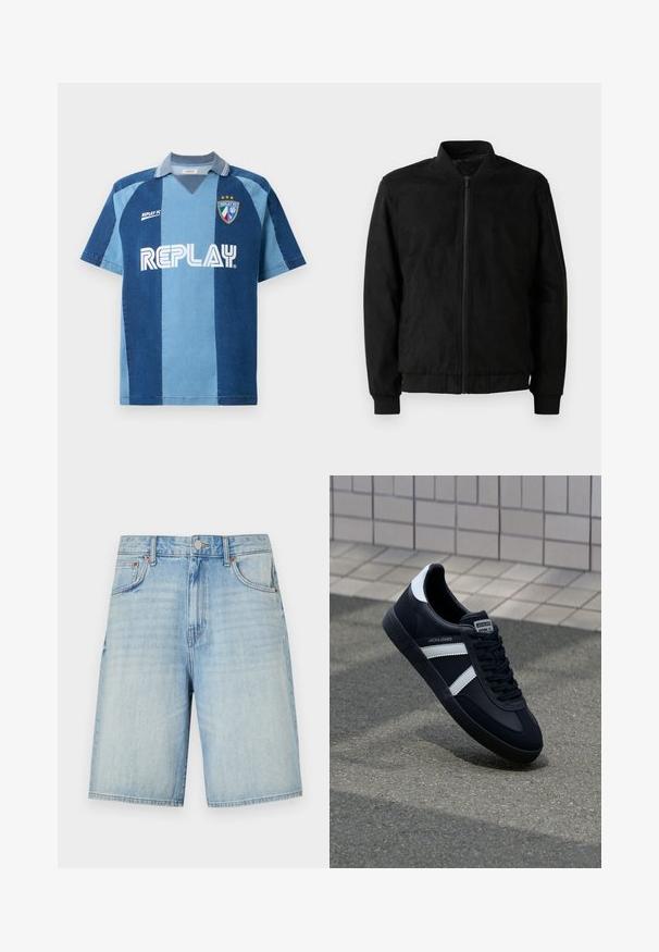 Mustast bomber-stiilis jakk, millel on tõmblukk, soonikkrae ja -mansetid ning sile tekstuur. Valmistatud vastupidavast ja pehmest materjalist.; Denim-stiilis trikotaaž lühikeste varrukatega, tumeda ja helesinise riba kujundusega, V-kaelusega ja silmatorkava "REPLAY" logoga.; Heledad sinised teksapüksid sirge lõikega, millel on nupuga ja lukuga kinnitamine, viis taskut ning kerge kulumisefekt.; Must have musta sneaker musta valgete triipudega, tekstuurne kummitald ja nööridega esiosa. Omab bränditud märki keele peal.