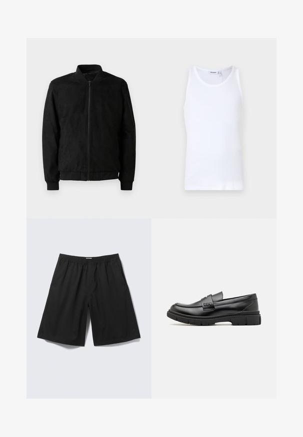 Black bomber jacket featuring a zip closure, ribbed collar and cuffs, and smooth texture. Made from a durable, soft material.; White cotton tank top with round neck and wide straps. Smooth texture, no patterns, clean design, and branded label on the neckline.; Black loose-fit shorts with elastic waistband and side pockets, displayed on a light gray background.; Black leather loafer with a wide strap across the vamp, rubber sole with thick treads, and smooth texture. Classic, sleek design.