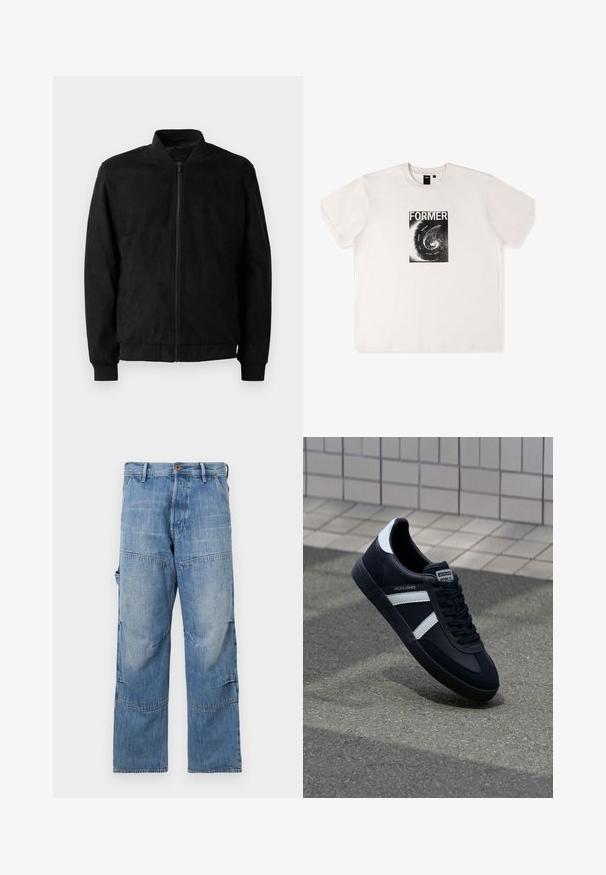 Chaqueta bomber negra con cierre de cremallera, cuello y puños acanalados, y textura suave. Fabricada con un material duradero y suave.; Camiseta de algodón blanca de manga corta con un estampado gráfico negro que presenta la palabra "FORMER" y un diseño en espiral en la parte frontal.; Pantalones de mezclilla azul claro con piernas anchas, áreas desteñidas y costuras de patchwork. Presentan un cierre frontal con botón y cremallera, además de bolsillos laterales.; Zapatilla de cuero negra con rayas blancas, suela de goma texturizada y parte frontal con cordones. Cuenta con una etiqueta de marca en la lengüeta.
