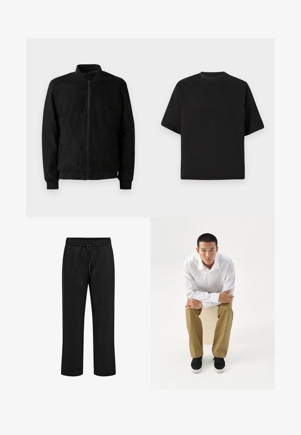 Schwarze Bomberjacke mit Reißverschluss, geripptem Kragen und Bündchen sowie glatter Textur. Hergestellt aus einem strapazierfähigen, weichen Material.; Schwarzes T-Shirt mit kurzen Ärmeln in lockerer Passform, aus glattem Baumwollmaterial, mit rundem Ausschnitt und minimalistischem Design.; Schwarze Freizeithose mit elastischem Bund und Kordelzug, gerade geschnittene Beine und vordere Abnäher.; Junger Mann in weiß gestreiftem Hemd und khakifarbener Hose sitzt nach vorne gelehnt auf einem Hocker mit verschränkten Armen und schaut direkt geradeaus vor weißem Hintergrund.