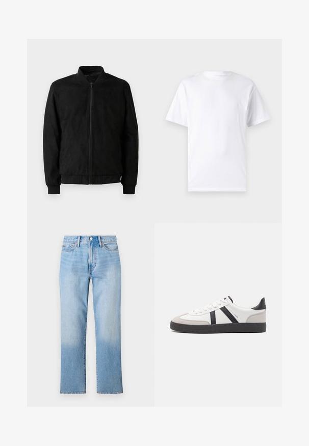 Μαύρο bomber jacket με φερμουάρ, ριμπ γιακά και μανίκια, και λεία υφή. Φτιαγμένο από ανθεκτικό, μαλακό υλικό.; Λευκό κοντομάνικο μπλουζάκι από βαμβάκι με στρογγυλή λαιμόκοψη, διαθέτοντας λεία υφή και απλό σχέδιο χωρίς μοτίβα ή διακοσμήσεις.; Ανοιχτό μπλε τζιν παντελόνι με ίσια γραμμή, που διαθέτει ξεθωριασμένο φινίρισμα, κλασικό σχέδιο με πέντε τσέπες και κουμπί κλεισίματος.; Λευκό αθλητικό παπούτσι με μαύρες και γκρί λεπτομέρειες, featuring ένα υφή γκρί καλύμμα δαχτύλου, μαύρη καουτσούκ σόλα και επίπεδες λευκές κορδόνες. Καθαρός σχεδιασμός, μινιμαλιστικό στυλ.
