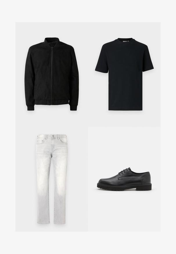 Schwarze Bomberjacke mit Reißverschluss, geripptem Kragen und Bündchen sowie glatter Textur. Hergestellt aus einem strapazierfähigen, weichen Material.; Schwarzes, kurzärmeliges, geripptes Strick-T-Shirt mit Rundhalsausschnitt und einem kleinen, sichtbaren Etikett im Krageninnenteil.; Helle graue Denim-Jeans mit geradem Schnitt, subtiler Ausbleichung, Fronttaschen und einer einzelnen Gesäßtasche. Klassischer Knopf- und Reißverschluss.; Schwarzer Lederschuh mit abgerundeter Zehenpartie, glatter Oberfläche und minimaler Nahtführung. Verfügt über eine Schnürverschluss und eine dicke, strukturierte Gummisohle.