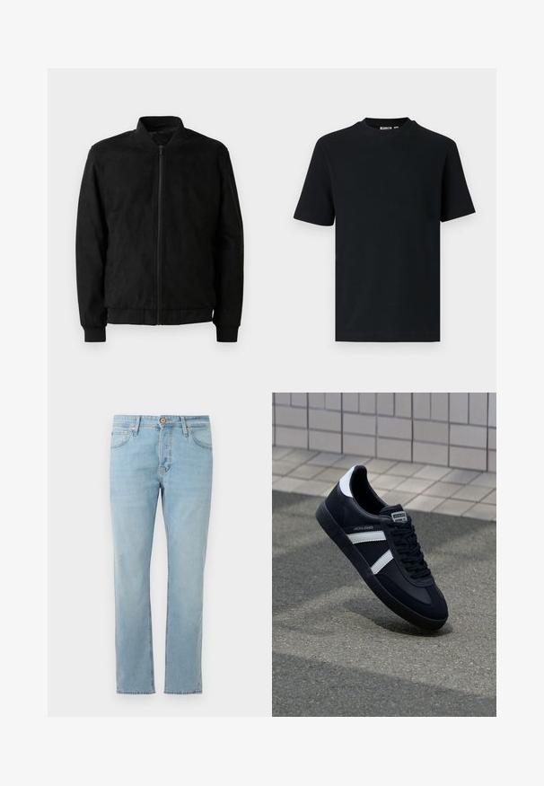 Zwarte bomberjack met ritssluiting, ribbelkraag en -manchetten, en een gladde textuur. Gemaakt van een duurzame, zachte stof.; Zwart, geribd, gebreid T-shirt met korte mouwen en ronde hals, met een klein zichtbaar label aan de binnenkant van de kraag.; Lichtblauwe denim jeans met een rechte snit, vijf zakken en een knoopsluiting bij de taille, plat gepresenteerd op een witte achtergrond.; Zwarte leren sneaker met witte strepen, een gestructureerde rubberen zool en vetersluiting aan de voorkant. Voorzien van een merklabel op de tong.