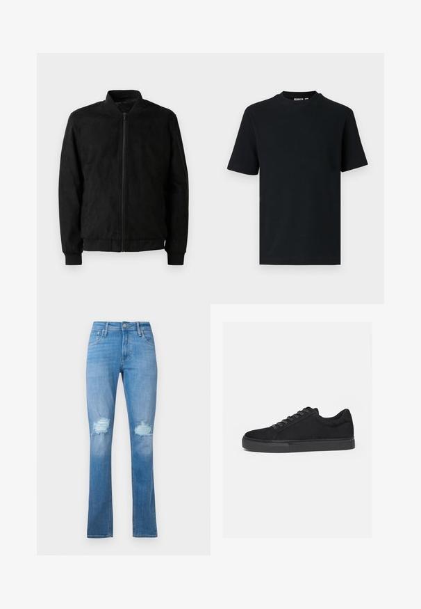 Schwarze Bomberjacke mit Reißverschluss, geripptem Kragen und Bündchen sowie glatter Textur. Hergestellt aus einem strapazierfähigen, weichen Material.; Schwarzes, kurzärmeliges, geripptes Strick-T-Shirt mit Rundhalsausschnitt und einem kleinen, sichtbaren Etikett im Krageninnenteil.; Helle blaue Denim-Jeans mit geradem Bein, featuring eine aufgerissene Kniepartie mit fransigen Kanten und klassischem Fünf-Taschen-Design.; Schwarzer Low-Top-Sneaker mit Schnürung vorne und flacher Gummisohle, seitlich auf weißem Hintergrund dargestellt.