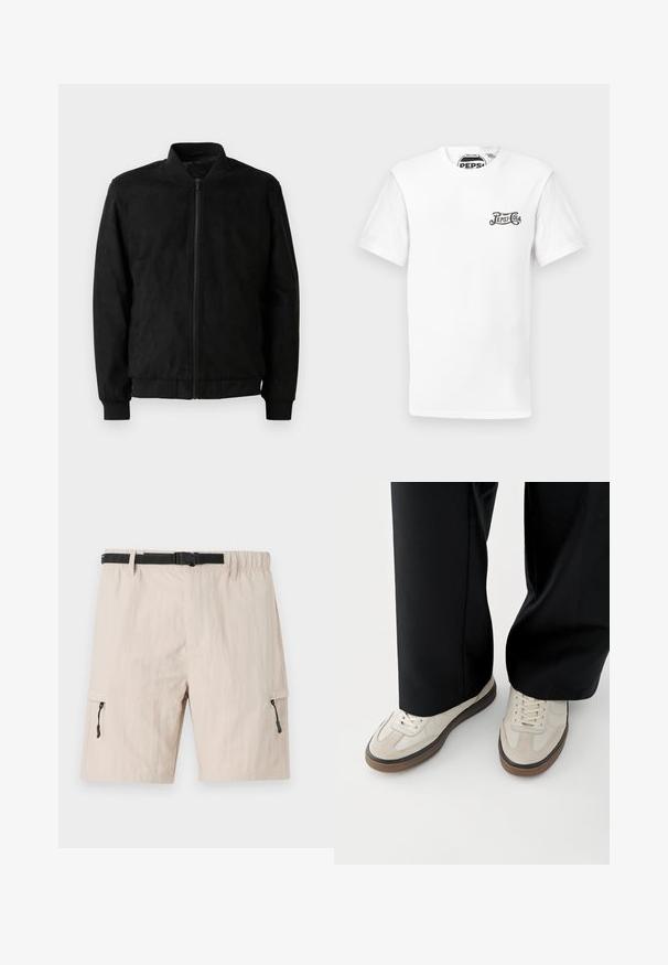 Chaqueta bomber negra con cierre de cremallera, cuello y puños acanalados, y textura suave. Fabricada con un material duradero y suave.; Camiseta de cuello redondo de manga corta blanca con pequeño logotipo negro de "Pepsi-Cola" en el lado izquierdo del pecho y etiqueta de marca en el cuello.; Bermudas cargo beige con cinturilla elástica, cinturón negro ajustable y bolsillos laterales con cremallera. Hechas de una tela ligera con una textura sutil.; Pies con zapatillas beige con suelas marrones y pantalones negros de pierna ancha sobre un fondo blanco.
