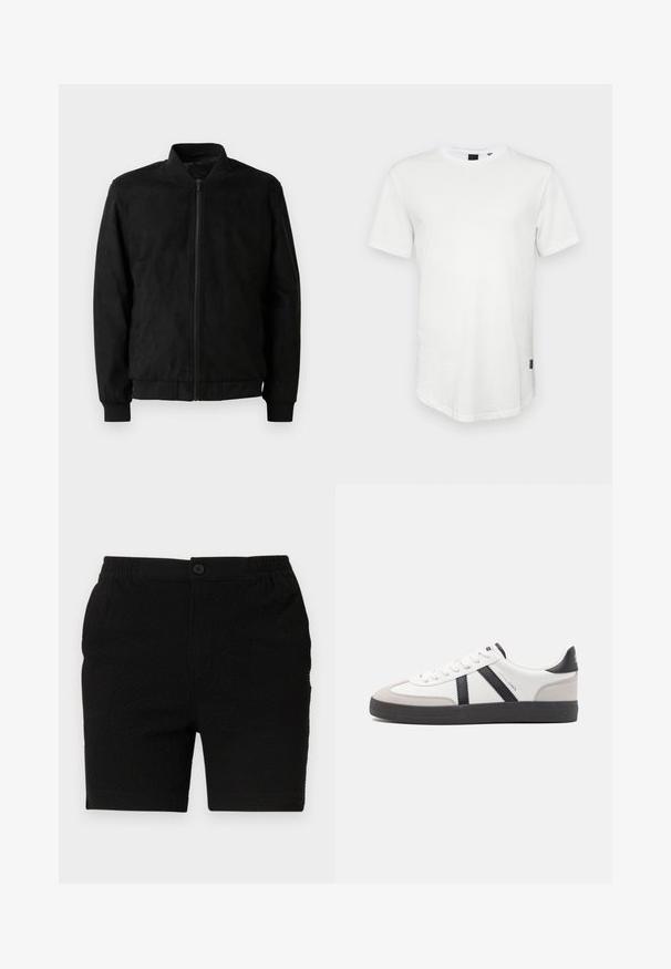 Μαύρο bomber jacket με φερμουάρ, ριμπ γιακά και μανίκια, και λεία υφή. Φτιαγμένο από ανθεκτικό, μαλακό υλικό.; Λευκή κοντομάνικη μπλούζα φτιαγμένη από βαμβάκι, με στρογγυλή λαιμόκοψη και ελαφρώς μακρύτερη πλάτη, που διαθέτει μια μικρή λογότυπο λεπτομέρεια στο πλάι.; Μαύρα σορτς από υφασμάτινο υλικό με υφή, με ελαστική μέση και μία μόνο κουμπί. Σχεδιασμένα για καθημερινή χρήση με ίσια γραμμή.; Λευκό αθλητικό παπούτσι με μαύρες και γκρί λεπτομέρειες, featuring ένα υφή γκρί καλύμμα δαχτύλου, μαύρη καουτσούκ σόλα και επίπεδες λευκές κορδόνες. Καθαρός σχεδιασμός, μινιμαλιστικό στυλ.