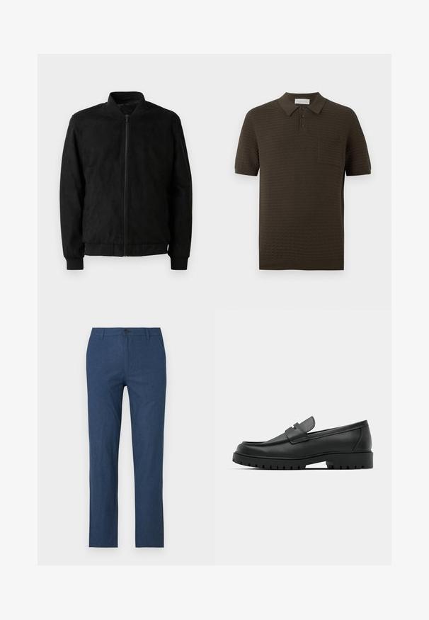 Μαύρο bomber jacket με φερμουάρ, ριμπ γιακά και μανίκια, και λεία υφή. Φτιαγμένο από ανθεκτικό, μαλακό υλικό.; Κοντομάνικο πόλο σκούρου καφέ με υφασμένο μοτίβο, με πλάκα τριών κουμπιών, πλεκτό γιακά και τσέπη στο στήθος, σε μονόχρωμο φόντο.; Σκούρο μπλε παντελόνι κατασκευασμένο από ελαφρύ ύφασμα, με ίσια γραμμή, φερμουάρ στον καβάλο, κουμπί κλεισίματος και πλαϊνές τσέπες.; Μαύρα δερμάτινα λουστρίνια με στρογγυλή μύτη, που διαθέτουν ραμμένο σχέδιο, χαμηλή πλατφόρμα και υφή με λαστιχένια σόλα με προεξοχές.