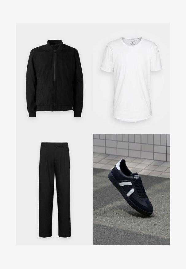 Black bomber jacket featuring a zip closure, ribbed collar and cuffs, and smooth texture. Made from a durable, soft material.; White short-sleeve T-shirt made of cotton with a classic crew neckline. Features a slightly curved hem and minimal stitching details.; Black trousers made of smooth fabric, featuring a straight-leg design, two front pleats, and standard waistband with belt loops.; Black leather sneaker with white stripes, textured rubber sole, and lace-up front. Features a branded label on the tongue.