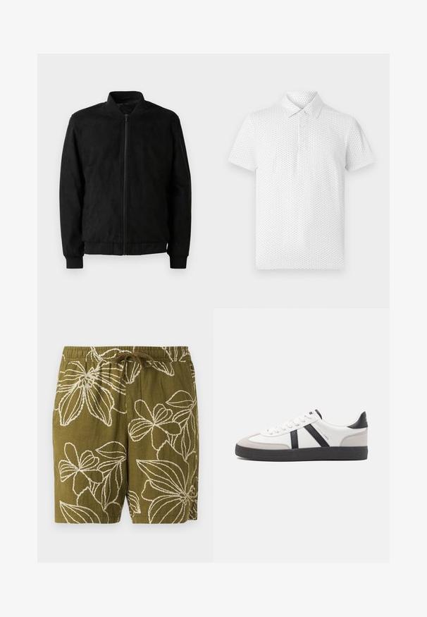 Μαύρο bomber jacket με φερμουάρ, ριμπ γιακά και μανίκια, και λεία υφή. Φτιαγμένο από ανθεκτικό, μαλακό υλικό.; Λευκό πόλο μπλουζάκι κοντό μανίκι με μικρό γεωμετρικό μοτίβο, τρία κουμπιά στον γιακά και κλασική εφαρμογή. Φτιαγμένο από αναπνεύσιμο ύφασμα.; Ελαιόχρωμο λινό σορτς με λευκή floral κεντητική, διαθέτει ελαστική μέση και κορδόνι για ρυθμιζόμενη εφαρμογή.; Λευκό αθλητικό παπούτσι με μαύρες και γκρί λεπτομέρειες, featuring ένα υφή γκρί καλύμμα δαχτύλου, μαύρη καουτσούκ σόλα και επίπεδες λευκές κορδόνες. Καθαρός σχεδιασμός, μινιμαλιστικό στυλ.