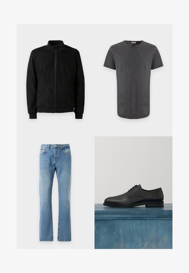 Chaqueta bomber negra con cierre de cremallera, cuello y puños acanalados, y textura suave. Fabricada con un material duradero y suave.; Camiseta gris de manga corta con cuello redondo, hecha de una tela suave, con un dobladillo ligeramente curvado y detalles de costura visibles.; Jeans de mezclilla de color azul claro con un corte recto, cinco bolsillos y un desgaste sutil. Presentan una cintura clásica y dobladillo recto en los tobillos.; Zapato de vestir de cuero negro con una superficie lisa, diseño de cordones, punta redondeada y un ribete cosido en contraste alrededor de la suela.