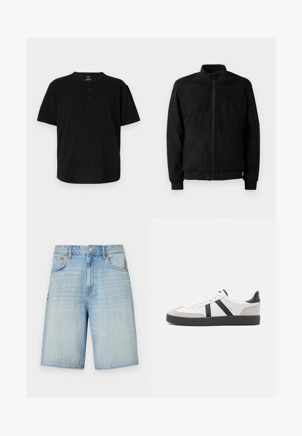 Chaqueta bomber negra con cierre de cremallera, cuello y puños acanalados, y textura suave. Fabricada con un material duradero y suave.; Camiseta negra de manga corta con cuello redondo, tapeta de tres botones y un corte holgado. Fabricada con un tejido suave y texturizado.; Pantalones cortos de mezclilla azul claro con un corte recto, que cuentan con un cierre de botón y cremallera, cinco bolsillos y un acabado ligeramente desgastado.; Zapatilla blanca con acentos en negro y gris, que presenta una puntera texturizada en gris, suela de goma negra y cordones planos blancos. Diseño limpio, estilo minimalista.