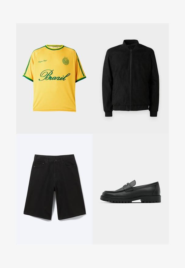 Veste bomber noire avec fermeture éclair, col et poignets côtelés, et texture lisse. Fabriquée dans un matériau durable et doux.; Maillot de sport jaune à manches courtes avec bordure verte, inscription "Brazil" en vert, et un petit emblème circulaire avec des étoiles et du texte sur la poitrine.; Short en jean noir longueur genou avec bouton à l'avant, passants de ceinture et cinq poches, présenté sur fond blanc.; Mocassins en cuir noir à bout arrondi, avec un design cousu, une semelle plateforme basse et une semelle en caoutchouc texturée et crantée.