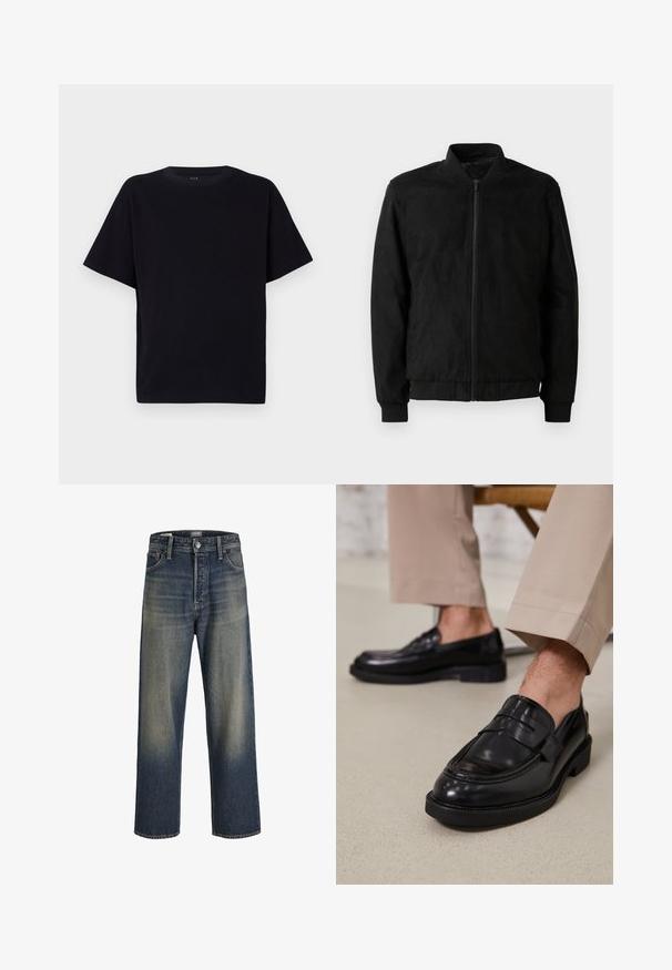 Chaqueta bomber negra con cierre de cremallera, cuello y puños acanalados, y textura suave. Fabricada con un material duradero y suave.; Camiseta negra de manga corta con cuello redondo. Fabricada en una tela suave, con un corte relajado y sin patrones ni detalles visibles.; Jeans de pierna ancha en denim azul oscuro con un acabado degradado, que presentan un cierre de botón, diseño de cinco bolsillos y detalles de costura estructurada.; Mocasines de cuero negro con un acabado suave, que cuentan con una correa decorativa y costuras en contraste, combinados con pantalones beiges.