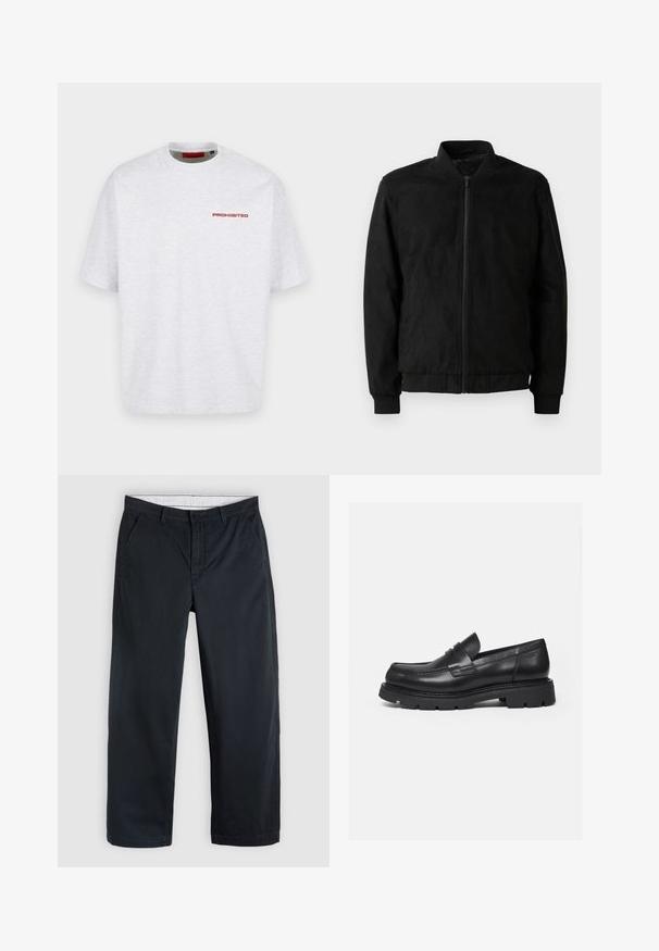 Veste bomber noire avec fermeture éclair, col et poignets côtelés, et texture lisse. Fabriquée dans un matériau durable et doux.; T-shirt blanc uni à col rond avec manches courtes et petit texte rouge « PROHIBITED » sur la partie supérieure gauche de la poitrine.; Pantalon bleu marine à jambes droites avec passants de ceinture, poches latérales, fermeture par boutons et braguette zippée sur un fond gris clair.; Mocassin en cuir noir avec semelle épaisse crantée et détail de bride penny, présenté en profil droit sur fond blanc.