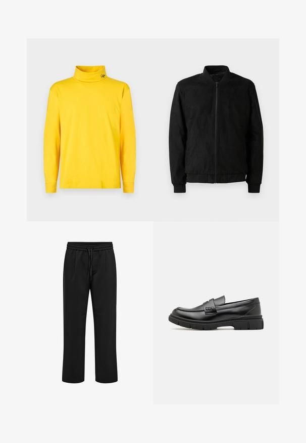 Μαύρο bomber jacket με φερμουάρ, ριμπ γιακά και μανίκια, και λεία υφή. Φτιαγμένο από ανθεκτικό, μαλακό υλικό.; Φωτεινό κίτρινο μακρύ μανίκι μπλούζα με ζιβάγκο και μικρό μαύρο κεντημένο λογότυπο στον γιακά, απλός σχεδιασμός, προβαλλόμενο σε λευκό φόντο.; Μαύρο καθημερινό παντελόνι με ελαστική μέση και κορδόνι, με ίσια γραμμή και πιέτες μπροστά.; Μαύρος δερμάτινος λουστρίνι με φαρδύ λουρί στη μπροστινή πλευρά, καουτσούκ σόλα με χοντρές τρέχουσες και λεία υφή. Κλασικός, κομψός σχεδιασμός.