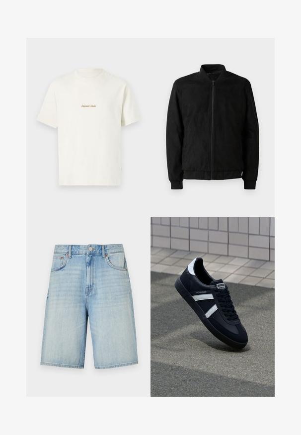 Μαύρο bomber jacket με φερμουάρ, ριμπ γιακά και μανίκια, και λεία υφή. Φτιαγμένο από ανθεκτικό, μαλακό υλικό.; Κρεμ μπλουζάκι βαμβακερό με κοντά μανίκια, στρογγυλή λαιμόκοψη και κεντημένο λογότυπο "Original Studio" σε χρυσό στο στήθος. Απαλή υφή.; Ανοιχτό μπλε τζιν σορτς με ίσια γραμμή, διαθέτουν κλείσιμο με κουμπί και φερμουάρ, πέντε τσέπες και ελαφρώς ξεθωριασμένη τελείωση.; Μαύρα δερμάτινα αθλητικά παπούτσια με λευκές ρίγες, υφασμάτινη σόλα από καουτσούκ και κορδόνια. Διαθέτουν λογότυπο στη γλώσσα του παπουτσιού.