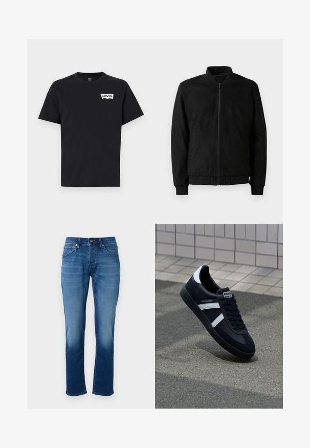 Zwarte bomberjack met ritssluiting, ribbelkraag en -manchetten, en een gladde textuur. Gemaakt van een duurzame, zachte stof.; Zwarte katoenen T-shirt met korte mouwen, ronde hals en een klein wit Levi's-logo aan de voorkant links.; Blauwe denimspijkerbroek met een rechte snit, zachte textuur, vijf zakken en een knoopsluiting. De stof heeft een vervaagde wasseneffect.; Zwarte leren sneaker met witte strepen, een gestructureerde rubberen zool en vetersluiting aan de voorkant. Voorzien van een merklabel op de tong.