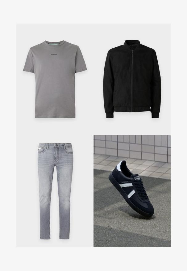Veste bomber noire avec fermeture éclair, col et poignets côtelés, et texture lisse. Fabriquée dans un matériau durable et doux.; T-shirt gris clair en coton, muni de manches courtes et d'un col rond. "REPLAY" est brodé en noir sur la poitrine.; Jeans en denim gris clair avec une coupe droite, un léger délavage, cinq poches et une fermeture par bouton. Texture lisse et taille standard.; Sneaker en cuir noir avec des rayures blanches, semelle en caoutchouc texturée et devant à lacets. Présente une étiquette de marque sur la languette.