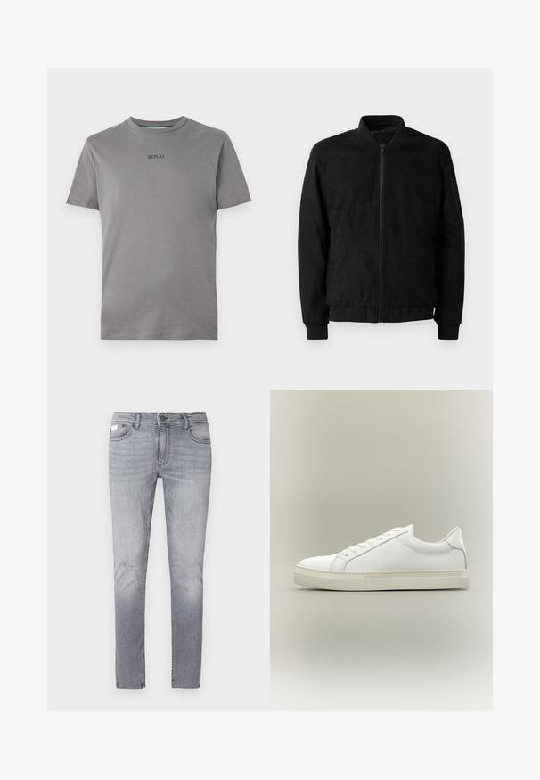 Chaqueta bomber negra con cierre de cremallera, cuello y puños acanalados, y textura suave. Fabricada con un material duradero y suave.; Camiseta de color gris claro hecha de algodón, con mangas cortas y cuello redondo. "REPLAY" está bordado en negro en el pecho.; Vaqueros de mezclilla gris claro con un diseño de pierna recta, con un desgaste sutil, cinco bolsillos y cierre de botón. Textura suave y cinturilla estándar.; Zapatilla blanca de perfil bajo con cordones en la parte delantera y suela gruesa, mostrada de lado sobre un fondo neutro.