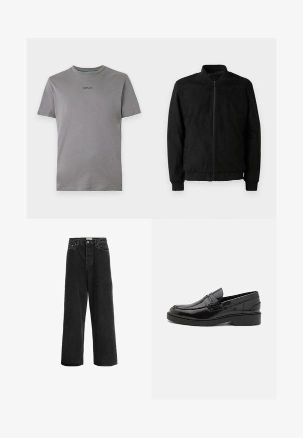 Chaqueta bomber negra con cierre de cremallera, cuello y puños acanalados, y textura suave. Fabricada con un material duradero y suave.; Camiseta de color gris claro hecha de algodón, con mangas cortas y cuello redondo. "REPLAY" está bordado en negro en el pecho.; Jeans de pierna ancha negros fabricados en denim. Presentan una cintura alta, dos bolsillos frontales, un cierre con botón y detalles de costura sutiles.; Mocasines de cuero negro con un acabado suave, punta redondeada, tacón bajo y costura decorativa en la parte delantera. Suela de goma para mayor agarre.