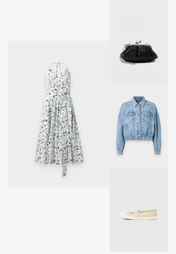Lyseblå denimjakke med knaplukning forrest, to brystlommer med klap, sidelommer, lange ærmer og elastik i taljen.; Blomstertrykt sommerkjole i hvid og sort, med en indviklet bodice, halterneck, samlet nederdel og justerbar snøring i taljen.; Beige slip-on sko med gummisål, rund hvid tåhætte, elastisk bånd over vristen og glat tekstiloverdel.; Sort palietbrevet clutch-tas med en sølvramme, plisseret design og en kæderem. Har to sfæriske låse på toppen.