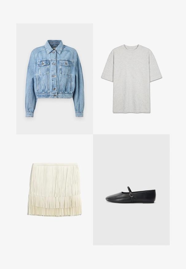 Veste en jean bleu clair avec fermeture à boutons sur le devant, deux poches à rabat sur la poitrine, poches sur les coutures latérales, manches longues et taille élastiquée froncée.; T-shirt oversize gris clair à manches courtes avec col rond et logo "PEGADOR" brodé en petites lettres blanches sur la poitrine.; Jupe à franges en crème, fabriquée à partir de bandes de tissu superposées. Elle présente une taille ajustée et un design texturé en niveaux avec des franges verticales.; Ballerines noires en cuir avec un bout pointu, une semelle plate et une petite sangle avec un détail de boucle en argent.