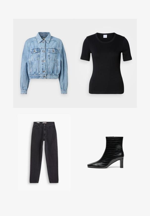 Veste en jean bleu clair avec fermeture à boutons sur le devant, deux poches à rabat sur la poitrine, poches sur les coutures latérales, manches longues et taille élastiquée froncée.; T-shirt noir à manches courtes en coton doux. Il présente un col rond et une coupe ajustée avec des détails de couture minimalistes.; Jean en denim noir avec une coupe droite, comportant cinq poches, une fermeture à bouton à l'avant et des détails brodés le long des coutures.; Bottine noire à bout pointu, extérieure en crocodile brillant, et talon carré de hauteur moyenne. Design lisse et épuré.