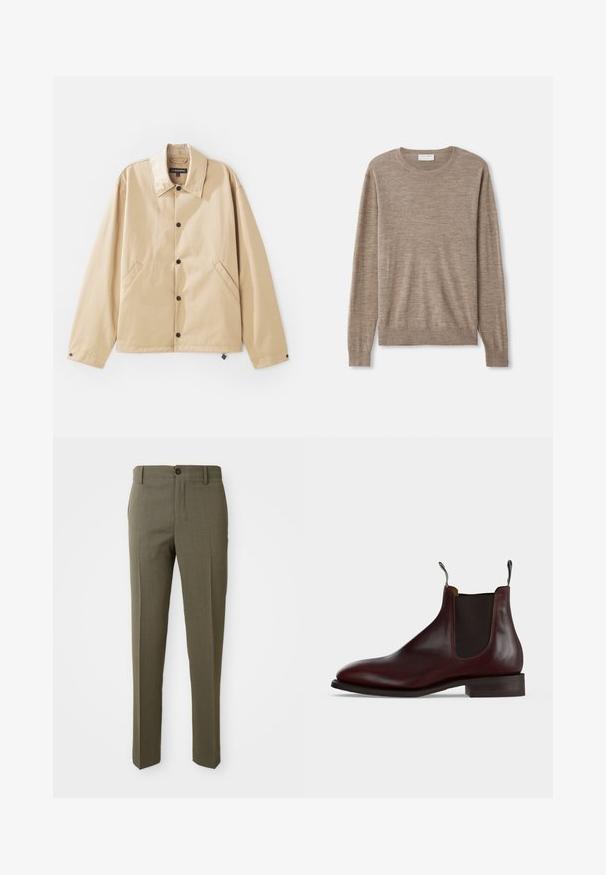 Lysebrun letvægtsjakke med krave, trykknaplukning, sidelommer og en glat overflade. Har et mærketikette indeni.; Beige sweater lavet af fint strikket materiale. Har en rund halsudskæring, lange ærmer samt ribkantede manchetter og søm. Simpelt og klassisk design.; Olivengrønne skræddersyede bukser med en glat overflade, lige bendesign, enkelt foretrukket knap og sidelommer for funktionalitet.; Mørkebrun læder Chelsea-støvle med elastisk sidepanel, lav hæl og trækflapper foran og bagpå.