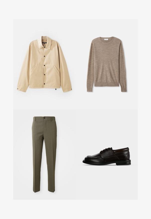 Lysebrun letvægtsjakke med krave, trykknaplukning, sidelommer og en glat overflade. Har et mærketikette indeni.; Beige sweater lavet af fint strikket materiale. Har en rund halsudskæring, lange ærmer samt ribkantede manchetter og søm. Simpelt og klassisk design.; Olivengrønne skræddersyede bukser med en glat overflade, lige bendesign, enkelt foretrukket knap og sidelommer for funktionalitet.; Mørkebrun læder snøresko med rund tå og lav stakket hæl, set fra siden.