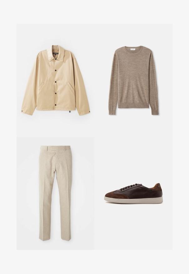 Lysebrun letvægtsjakke med krave, trykknaplukning, sidelommer og en glat overflade. Har et mærketikette indeni.; Beige sweater lavet af fint strikket materiale. Har en rund halsudskæring, lange ærmer samt ribkantede manchetter og søm. Simpelt og klassisk design.; Beige skræddersyede bukser lavet af tekstureret stof, med flad front, lige ben og en traditionel talje med bæltesløjfer.; Lavtop brune læder- og ruskindsneakers med mørkebrune snørebånd og en hvid gummisål set fra ydersiden.
