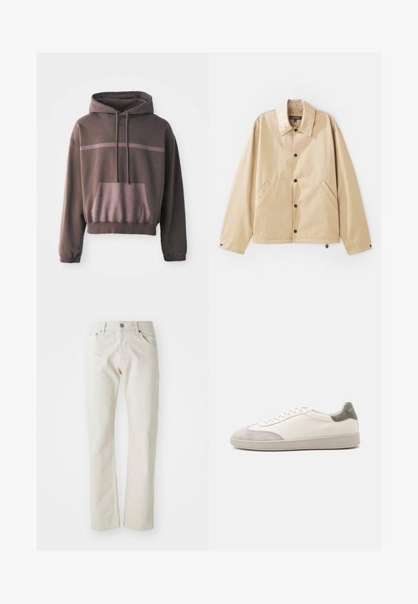 Veste légère beige avec un col, fermeture à boutons-pression, poches latérales et une texture lisse. Présente une étiquette de marque à l'intérieur.; Haut à manches courtes, surdimensionné, de couleur marron foncé avec une bande dégradée de marron clair, poche à l'avant et capuche avec cordon de serrage. Tissu en mélange de coton doux.; Jeans beige clair en coton, avec une coupe droite, un style à cinq poches et une fermeture à bouton en métal argenté.; Baskets basses blanches avec accents en daim gris clair sur le bout et le talon, lacets blancs et semelle beige plate, vues de côté extérieur.