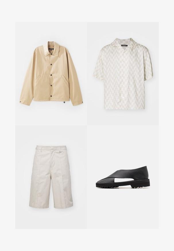 Lysebrun letvægtsjakke med krave, trykknaplukning, sidelommer og en glat overflade. Har et mærketikette indeni.; Kortærmet skjorte med et creme- og beige geometrisk mønster, letvægtsstof, klapkrave og fem knapper ned ad fronten.; Beige bomuldsshorts med lige snit, knælange, med to forlommer og subtile folder for ekstra tekstur.; Sorte lædersandaler med udskæringsdesign, struktureret overdel, bred rem og flad gummisål med mønstret dæksåle.