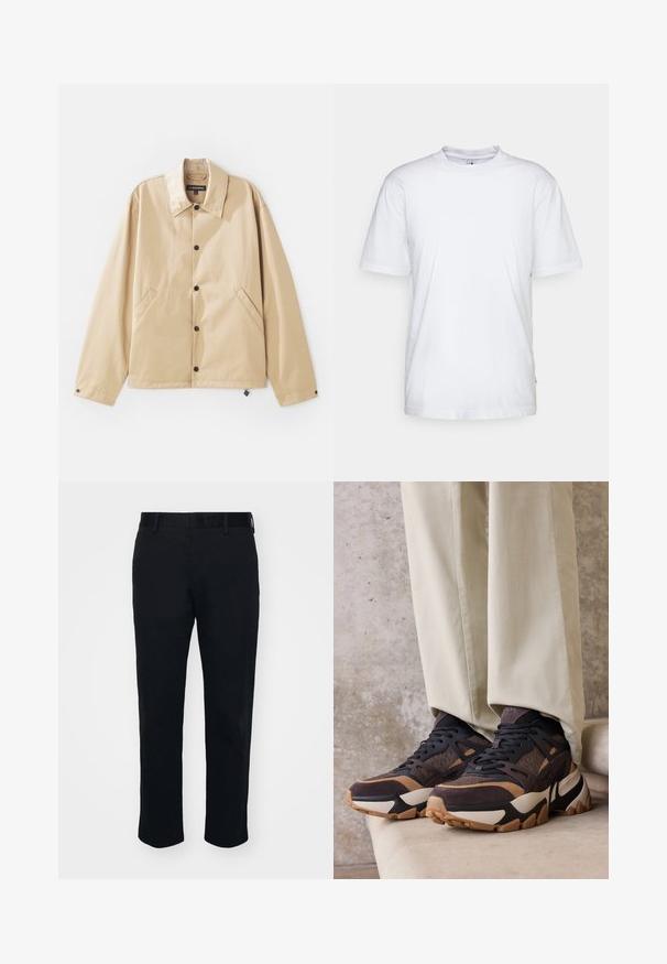 Veste légère beige avec un col, fermeture à boutons-pression, poches latérales et une texture lisse. Présente une étiquette de marque à l'intérieur.; T-shirt en coton blanc avec un col rond, des manches courtes et un ourlet droit. Présente une petite étiquette de marque sur la couture latérale gauche.; Pantalons noirs avec un design à jambe droite, fabriqués à partir d'un tissu lisse. Présentent une taille et des passants de ceinture, sans poches visibles ni motifs.; Baskets épaisses noires et marron avec semelles beige portées avec un pantalon beige clair sur un fond en pierre texturée.