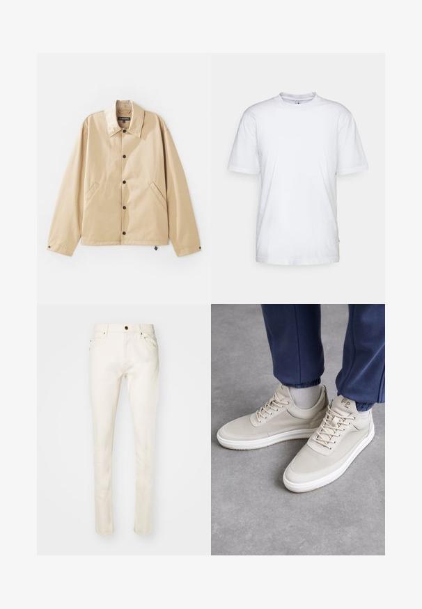 Veste légère beige avec un col, fermeture à boutons-pression, poches latérales et une texture lisse. Présente une étiquette de marque à l'intérieur.; T-shirt en coton blanc avec un col rond, des manches courtes et un ourlet droit. Présente une petite étiquette de marque sur la couture latérale gauche.; Jean en coton beige avec une coupe slim, dotés d'un bouton à l'avant, de cinq poches et de détails de couture subtils. Texture lisse et jambe fuselée.; Baskets beiges en matériau texturé, à bout rond, avec des lacets et un design minimaliste. Semelle blanche avec des détails beige clair. Porté avec un jogging bleu marine.
