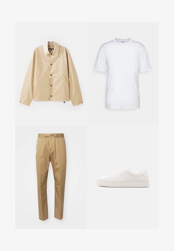 Beige leichte Jacke mit Kragen, Druckknopfverschluss, Seitentaschen und glatter Oberfläche. Mit einem Markenetikett innen.; Weißes Baumwoll-T-Shirt mit Rundhalsausschnitt, kurzen Ärmeln und geradem Saum. Auf der linken Seitennaht befindet sich ein kleines Markenzeichen.; Beige Hose mit elastischem Taillengummi und verstellbarem Kordelzug. Glatte Textur, gerade Beine und minimalistisches Design.; Weißer Ledersneaker mit glattem Finish, rundem Zehenbereich, sechs Augen für die Schnürung und einer strukturierten Gummisohle. Minimalistisches Design ohne Muster.