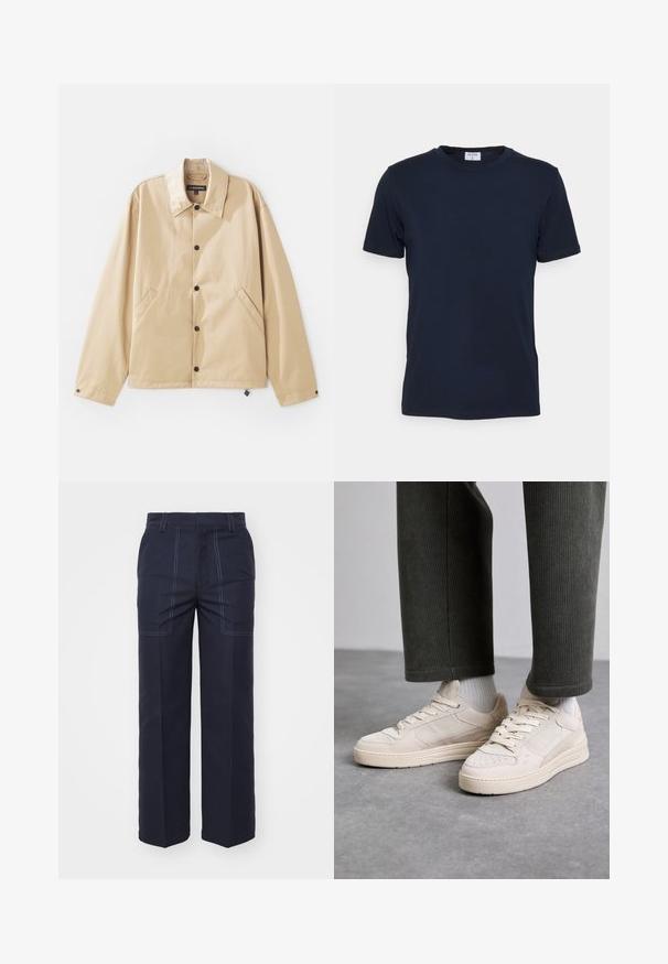 Veste légère beige avec un col, fermeture à boutons-pression, poches latérales et une texture lisse. Présente une étiquette de marque à l'intérieur.; T-shirt bleu marine à col ras du cou fabriqué en tissu doux. Manches courtes avec une coupe classique, avec une étiquette au niveau du col. Texture lisse, design minimal.; Pantalons larges bleu marine avec des surpiqûres contrastées, dotés d'une taille haute et de deux poches avant pour plus de détails et de fonctionnalité.; Baskets beiges en suède et mesh, avec des accents perforés, des lacets plats et une semelle épaisse. Portées avec un pantalon en velours côtelé vert.