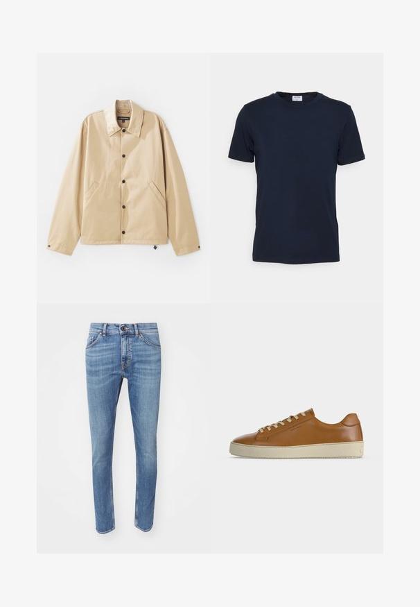 Chaqueta ligera color beige con cuello tipo solapa, cierre de botones a presión, bolsillos laterales y una textura suave. Cuenta con una etiqueta de marca en el interior.; Camiseta de cuello redondo en azul marino, fabricada con tejido suave. Tiene mangas cortas y un corte clásico, con una etiqueta en el cuello. Textura lisa y diseño minimalista.; Jeans de mezclilla azul con un corte ajustado, diseño de cinco bolsillos y detalles de desgaste sutil. Cuenta con un cierre de botón y costuras en contraste.; Zapatilla baja de piel marrón con cordones crema y suela gruesa de goma crema mostrada de perfil lateral sobre fondo blanco.