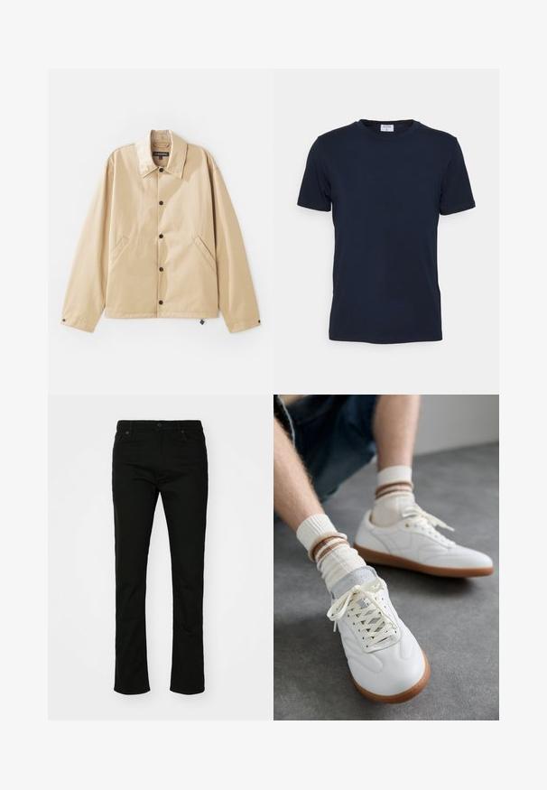 Beige leichte Jacke mit Kragen, Druckknopfverschluss, Seitentaschen und glatter Oberfläche. Mit einem Markenetikett innen.; Navyblaues T-Shirt mit Rundhalsausschnitt aus weicher Baumwolle. Kurze Ärmel mit klassischer Passform, mit einem Etikett am Hals. Glatte Textur, minimalistisches Design.; Schwarze Denim-Jeans mit geradem Bein, fünf Taschen und Druckknopfverschluss. Glatte Textur mit dezenten Nähten.; Weiße Ledersneaker mit glatter Textur, grauen Wildlederelementen, beigen Gummisohlen und flachen Schnürsenkeln. Kombiniert mit cremefarbenen und braun gestreiften Socken.