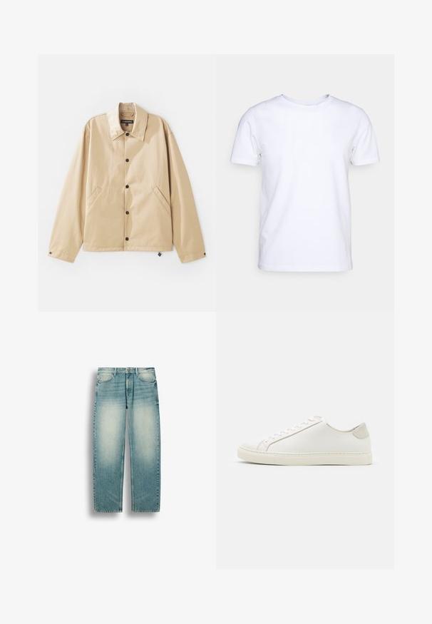 Lichte tan jack met een kraag, drukknopen, zijzakken en een gladde textuur. Beschikt over een merklabel aan de binnenkant.; Witte katoenen t-shirt met korte mouwen en een ronde hals. Eenvoudig ontwerp zonder patronen of accenten. Glad textuur.; Lichtblauwe rechtuit vallende spijkerbroek met vervaagde plekken op de dijen, voorzakken, riemlussen en knoopsluiting in de taille.; Witte leren sneaker met een gladde oppervlakte, ronde neus en minimalistisch ontwerp. Heeft beige accenten op de hiel en een rubberen zool.